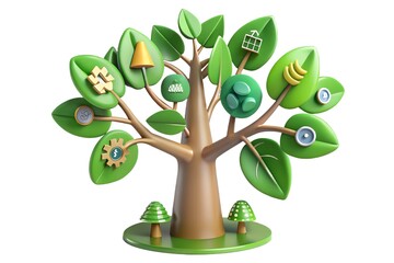 3d render of a green tree with various icons © Sajib