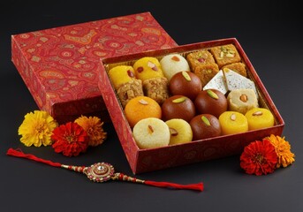 Box of assorted sweets with rakhi for the festival of tying rakhi  