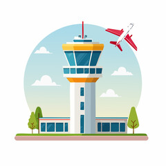 Airport Control Tower: A vibrant illustration of an airport control tower with an airplane taking off, set against a bright, sunny sky.