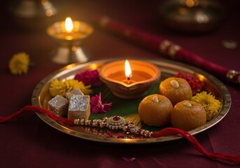 Fototapeta premium Festive plate with sweets, diya, and flowers for tying rakhi, Indian festival 