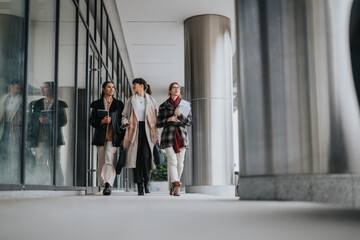 Three female colleagues walking and talking in a modern office space, demonstrating collaboration and teamwork in a professional environment.