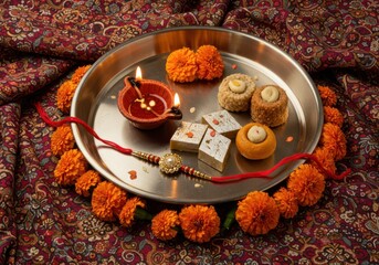 Traditional Indian festival setup with sweets and rakhi on silver plate  