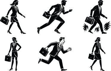 A professional businesswoman walking with a briefcase wearing a blazer and pants in a minimalist black line art style.
