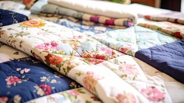 Close-up view of a handmade patchwork quilt with floral fabric and folded blankets on a wooden table in soft lighting.
