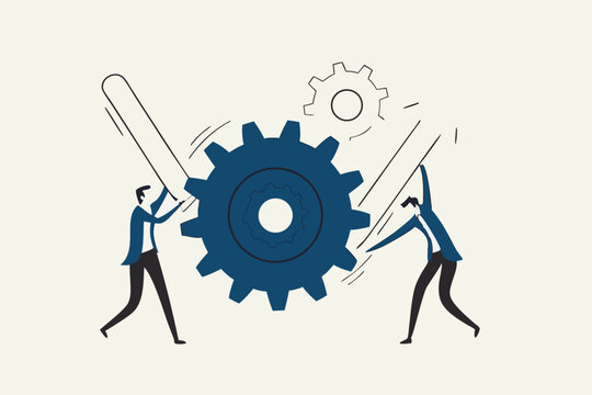 Business transformation or improvement, execution workflow to increase productivity and efficiency, investment profit concept, businessman partner help rotate gear cogwheel to make arrow rising up.