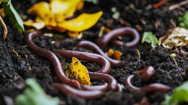Discovering earthworms in a lush garden soil teeming with life during a sunny afternoon in early spring