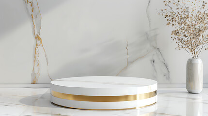 A white and gold marble podium stands in front of a marble wall with a vase of dried flowers creating an elegant and modern display space