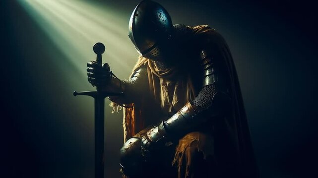 medieval warrior praying before the battle cinematic motion