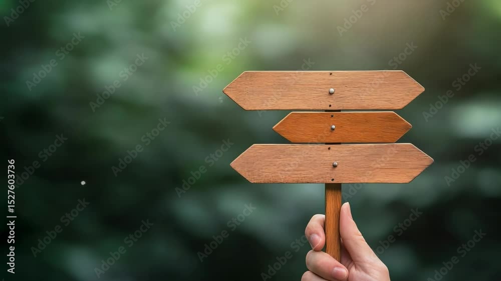 Aufkleber Businessman hand holding wooden directional sign with changing arrows. Isolated on a blurred background with bokeh effect. Representing the difficulty of making a decision and choosing the right path