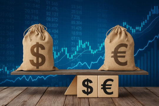 BALANCE BETWEEN THE DOLLAR AND THE EURO CURRENCY - Dollar against euro concept - Futuristic stock market background with charts, numbers, and financial trends