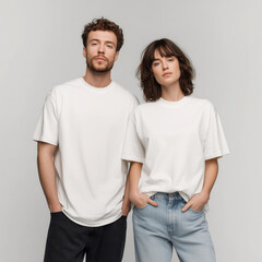 Fototapeta premium Young models, couple matching white t-shirt mockup. Woman and man, wife with husband, girlfriend and boy friend, adult brother and sister. Crewneck short sleeve tee mockup. Family holiday mockup