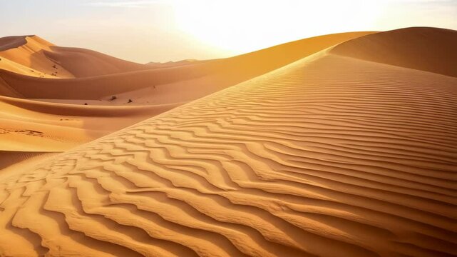 Scenic golden sand dunes under bright sunshine casting shadows over the landscape, a desolate yet beautiful desert environment in middle east.