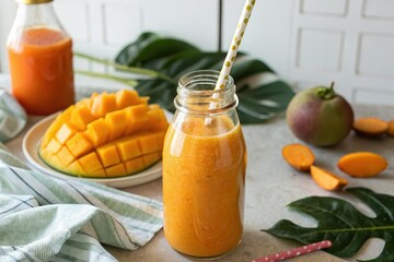 Whole Food Plant Based Refreshing mango carrot smoothie in eco-friendly glass bottle, showcasing vibrant colors and healthy ingredi...