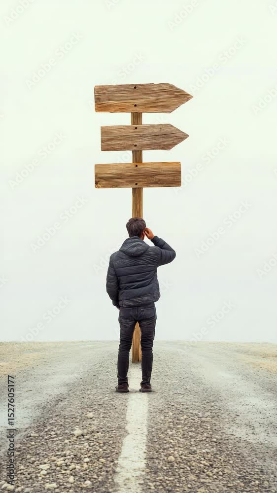Poster multiple views of a businessman standing at a crossroads, contemplating different directions indicat