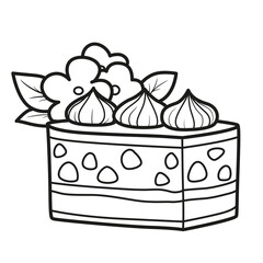 Big piece of  biscuit cake with  whipped cream outlined for coloring page on a white background