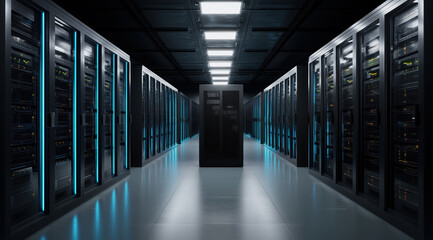 Server room hosting big data with futuristic blue lights