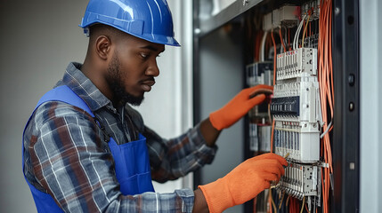 Black electrician in blue overalls performing maintenance on electrical panel at a residential site
