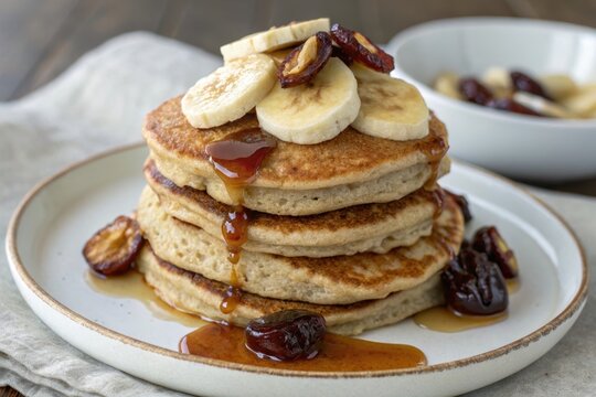 Whole Food Plant Based Delicious whole wheat pancakes topped with banana slices, perfect for a healthy breakfast.