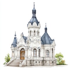 Obraz premium A majestic white chapel stands elegantly in a detailed watercolor painting.
