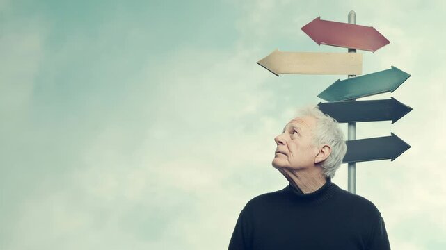 Pensive senior man contemplates multiple directional signs, symbolizing choices, decisions, and the pursuit of the best path in life or career