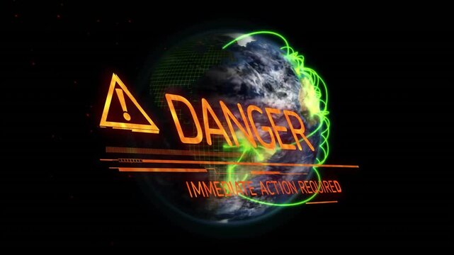 Upon green grid overlay appearing, spinning Earth emitting arcs and danger alert requiring action