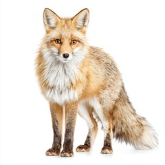 Fototapeta premium A majestic red fox stands elegantly on a white background, alert and curious.