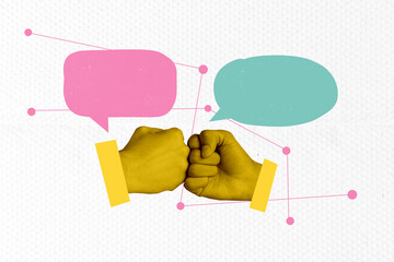3D collage poster template trend artwork sketch of hand body language symbol showing fist...