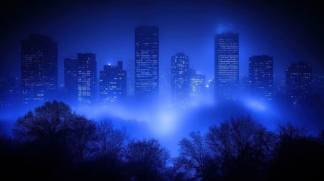 Misty city skyline at night - Powered by Adobe