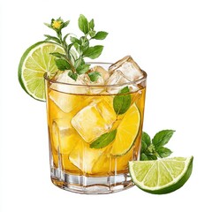Refreshing summer drink with lime, ice cubes, and mint for a cool treat.