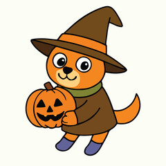 "Adorable orange cat dressed as a witch, holding a carved pumpkin. A fun and festive Halloween-themed illustration, perfect for decorations, greeting cards, posters, and social media