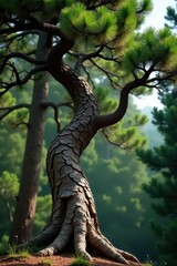 Ancient pine, gnarled branches, textured bark, majestic, dark
