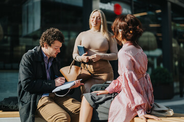 Three people engage in a lively outdoor meeting, sharing ideas and notes. Casual yet professional interaction captures a collaborative business atmosphere, emphasizing teamwork, communication, and