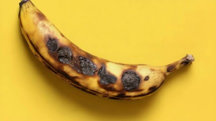 Rotting banana against a yellow background highlights stages of ripeness and decay