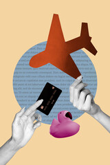 Pop art zine photo collage of hands hold plane icon summer flight travel airport cashless credit...