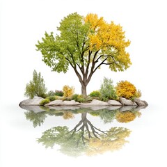 Tree splits seasons in half with yellow autumn and green summer on island.