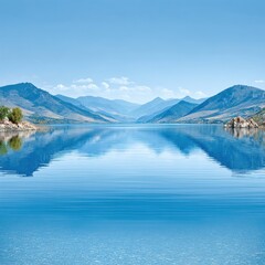 A tranquil lake mirrors distant mountains under a clear blue summer sky.