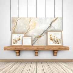 Interior design features modern wall art on shelf with wooden accents indoors.