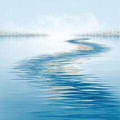 Calm blue water reflects the sky with a pathway leading to horizon line.