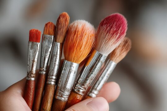 Closeup of Multiple Paintbrushes Held in Hand with Varying Sizes and Color Tones for Painting Applications