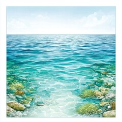 Clear turquoise ocean water meets a rocky shore on a bright sunny day.