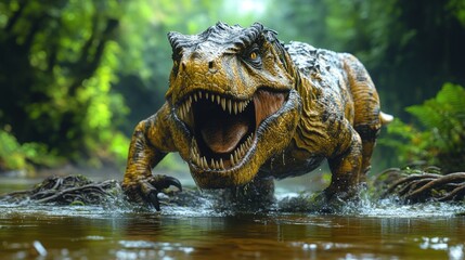 Tyrannosaurus Rex in a jungle stream