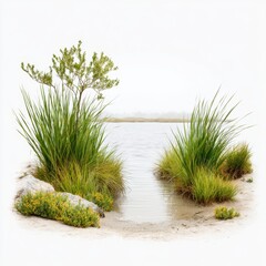 Tranquil shoreline view depicts water meeting sand and lush green vegetation.