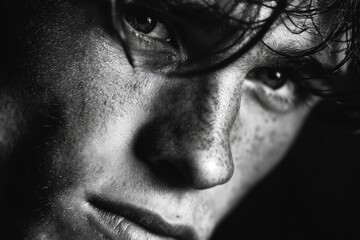 Fototapeta premium Close-up monochrome portrait shows face, eye, nose, lips, and hair in a high-contrast, detailed view with textured skin.
