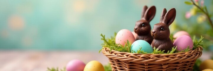 Adorable chocolate bunnies nestled in vibrant Easter eggs within a wicker basket , eggs, Easter