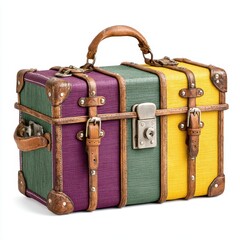 Antique multicolored suitcase sits isolated against a white backdrop today.