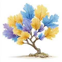 An arrangement of dried yellow blue and purple sea fan branches on white