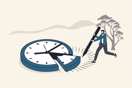 Time or attendance tracking system, analyze work efficiency in project management, productivity, workflow or effort, time spending to finish task concept, businessman cut clock in piece to analyze.