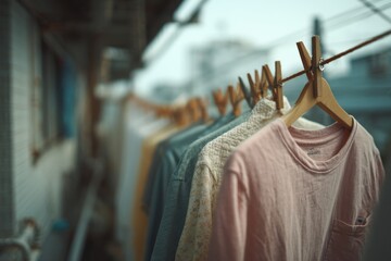 Apparel drying on clothesline using wooden pegs, focus on pink garment with pocket and hangers outside