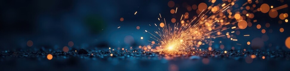 Golden blue sparks burst, leaving a hazy trail in darkness , texture, shine, abstract photography