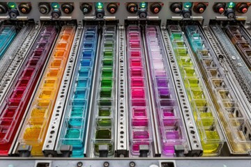 Automated Liquid Handling System Filling Wells with Color Coded Samples for Pharmaceutical Research and Development